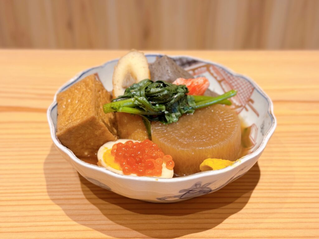 博多デイトス・博多ほろよい通りにオープンした「酒と旅と語らいの店 ポン介(ぽんすけ)」のおでん五種盛り